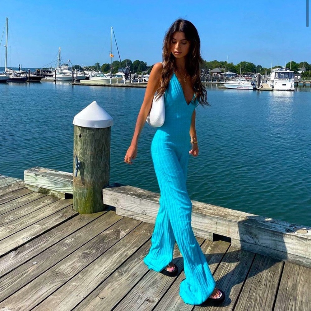 🦋 ZARA TURQUOISE BLUE RIBBED COTTON BLEND JUMPSUIT! - Picture 7 of 16